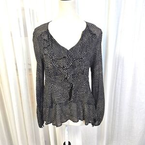 100% Silk Black and White Ruffled Buttoned‎ Blouse